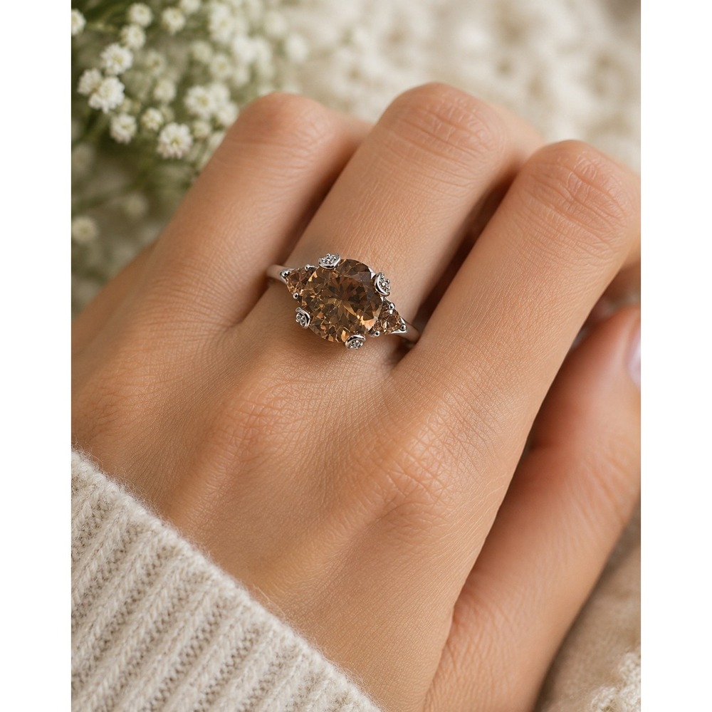 Sterling Silver 925 Ring Champagne-Colored Faceted Stone Size 10 Cocktail